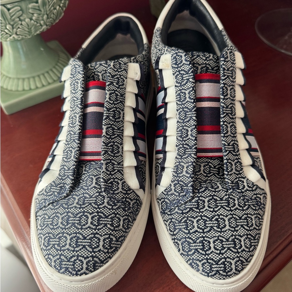 Tory Burch Sport Gemini Link Navy, White & Red Monogram Slip-On Sneakers